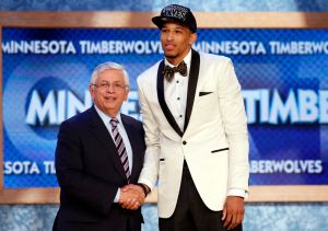 Roberson from the University of Colorado shakes hands with NBA Commissioner Stern after being selected by the Timberwolves as the 26th overall pick in the 2013 NBA Draft in Brooklyn